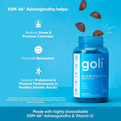 Ashwagandha  Vitamin D - Premium Root Extract - Vegan, Non-GMO - Mixed Berry Flavor